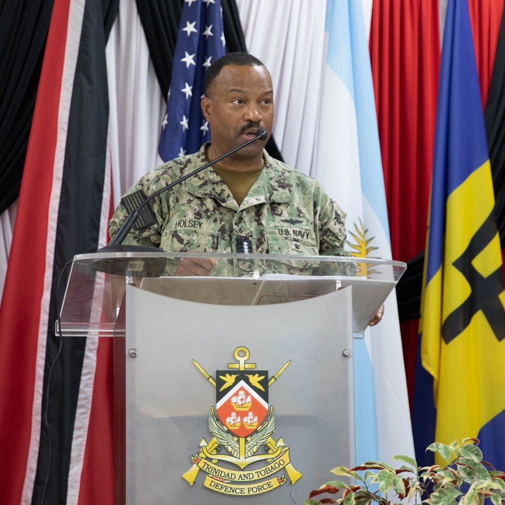 U.S. Navy Adm. Alvin Holsey, commander of U.S. Southern Command (USSOUTHCOM), provides remarks at the TRADEWINDS 25 (TW25) closing ceremony at Teteron Barracks in Teteron Bay, Trinidad and Tobago, May 8, 2025. U.S. Army National Guard photo by Spc. Astia 