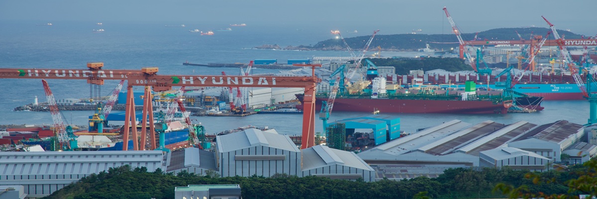 Ulsan, South Korea - September 28th, 2024: View of HD Hyundai Heavy Industries Ulsan Headquarters, South Korea. A key player in shipbuilding, this landmark facility.