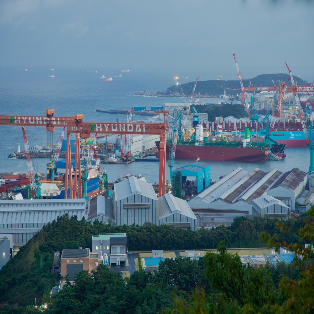 Ulsan, South Korea - September 28th, 2024: View of HD Hyundai Heavy Industries Ulsan Headquarters, South Korea. A key player in shipbuilding, this landmark facility.