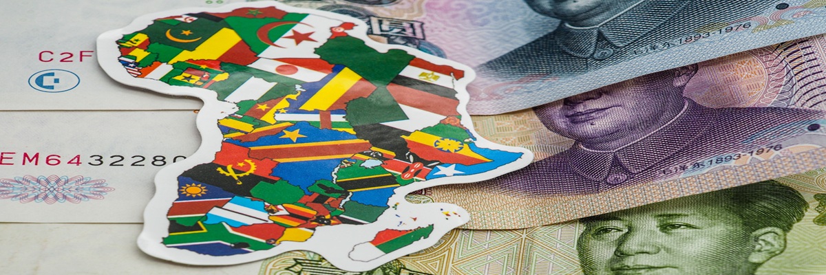 african map with flags on chinese yuan bills, belt and road investment concept