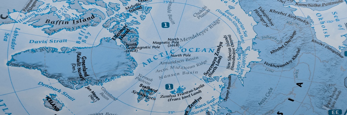 Map of Arctic Ocean styled in grey color. Selective focus on label, close-up view