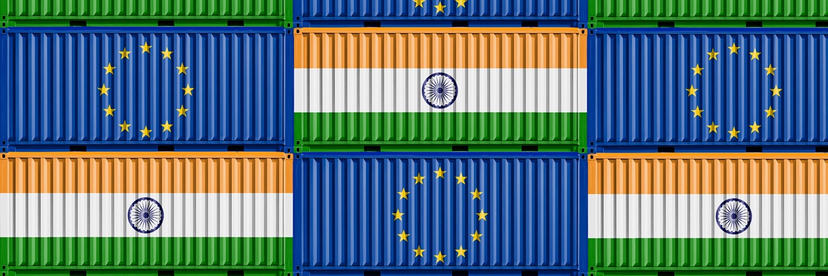Cargo container with Eu and India flag. Concept of business and trade between Eu and India