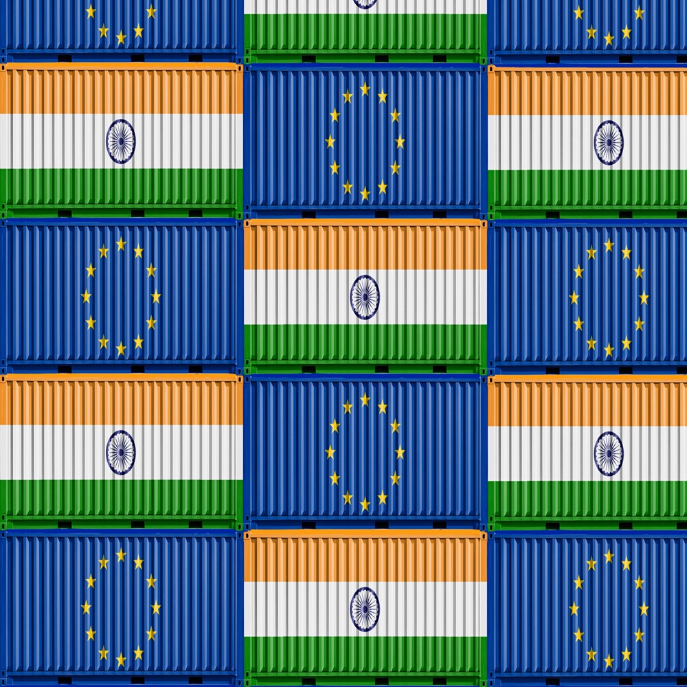 Cargo container with Eu and India flag. Concept of business and trade between Eu and India