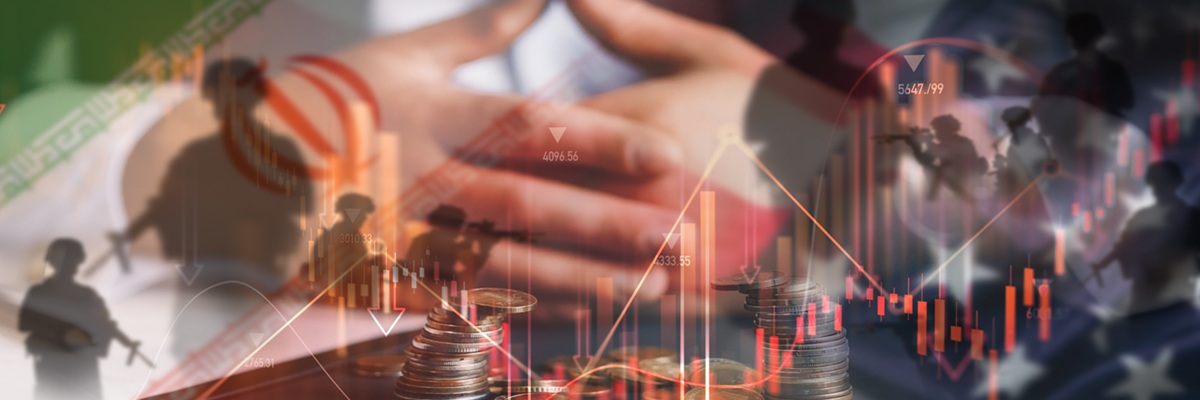 Down chart graph index.World economy and the crisis could affect the entire globe.Soldiers in shadow of flags.Terrible war between US and Iran.Iran and United States conflict,war crisis and bankruptcy