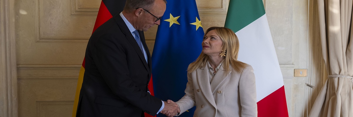 President Meloni meets with Chancellor Merz. Rome, 23/01/2026 – The President of the Council of Ministers, Giorgia Meloni, with the Federal Chancellor of the Federal Republic of Germany, Friedrich Merz. Under licence CC-BY-NC-SA 3.0 IT