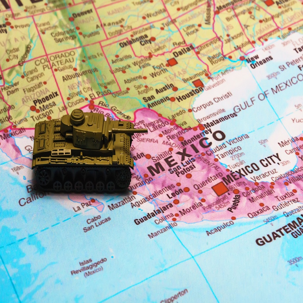 Toy tanks on the map. War on drug cartels in Mexico.