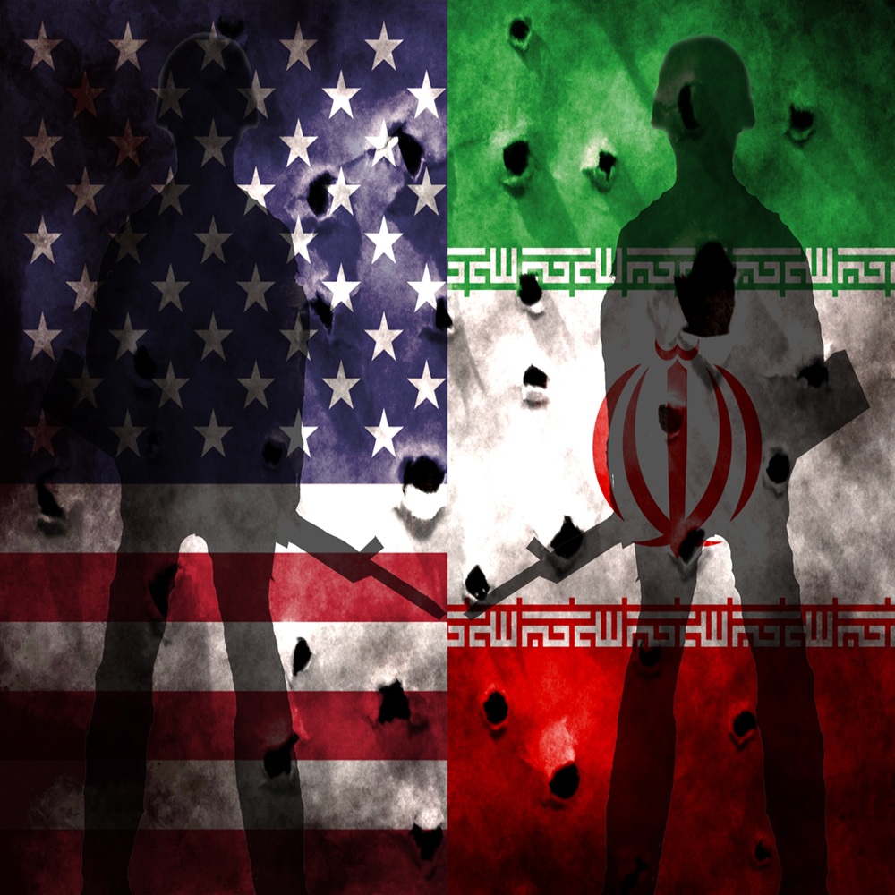 The flags of the United States and Iran are both made of textures. Concept illustration depicting the conflict war between the United States and Iran. Basemap and background concept. double exposure