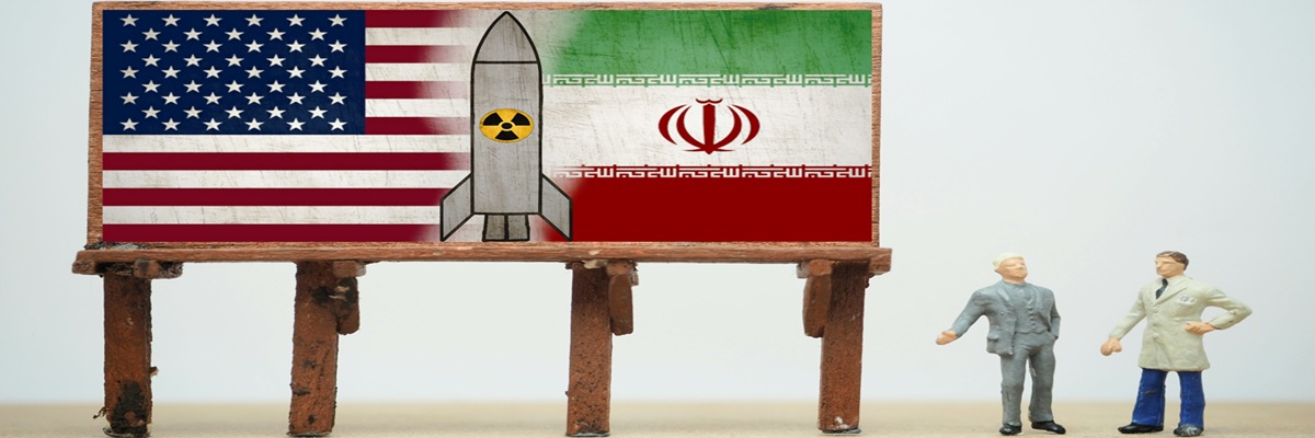 Mini toy of action figure with blurred background. Business financial photography concept design. Minifigure of politician character with United of America and IRAN country flag. Miniature people.
