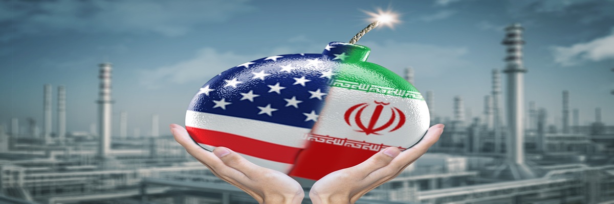 Geopolitical Tension Concept with USA and Iran Flag Bomb Over Oil Refinery