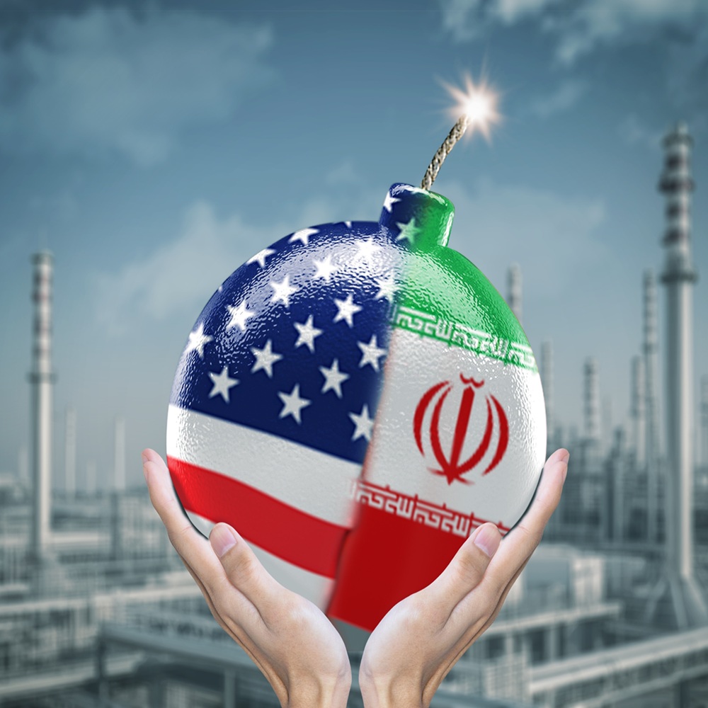 Geopolitical Tension Concept with USA and Iran Flag Bomb Over Oil Refinery